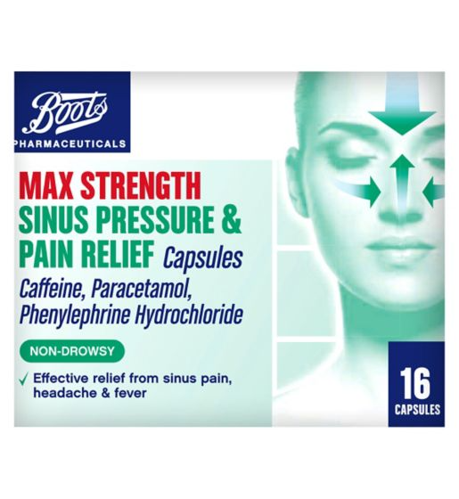 Boots Pharmaceuticals Max Strength Sinus Pressure & Pain Relief Capsules 16 - Caffeine, Paracetamol, Phenylephrine Hydrochloride
