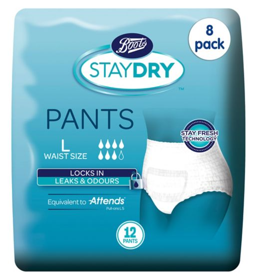 Boots Staydry Pants Large - 96 Pants (8 Pack Bundle)