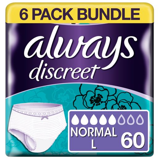 Always Discreet for Sensitive Bladder Pants (5 Drop) Large - 60 Pants (6 pack bundle)