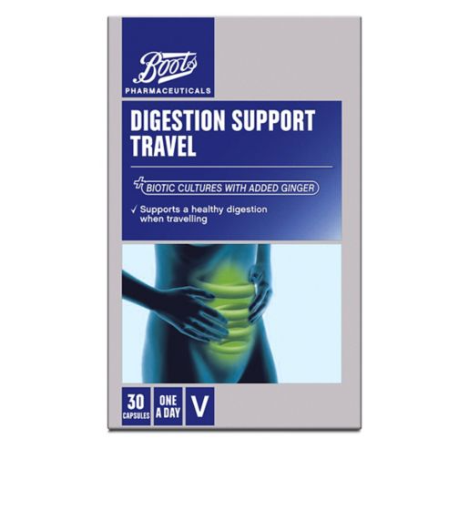 Boots Pharmaceuticals DIGESTION SUPPORT TRAVEL with added Ginger 30 Capsules
